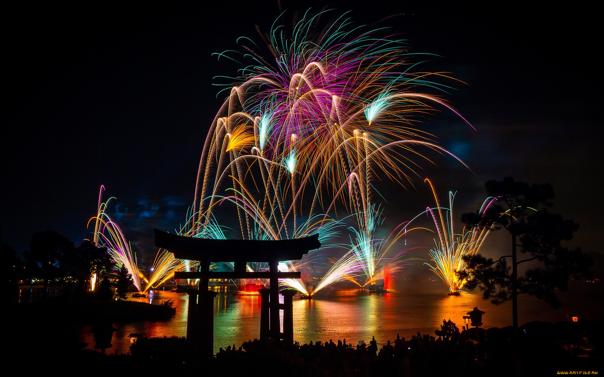 , ,  , lights, fireworks, night, torii, pines, new, year, asia